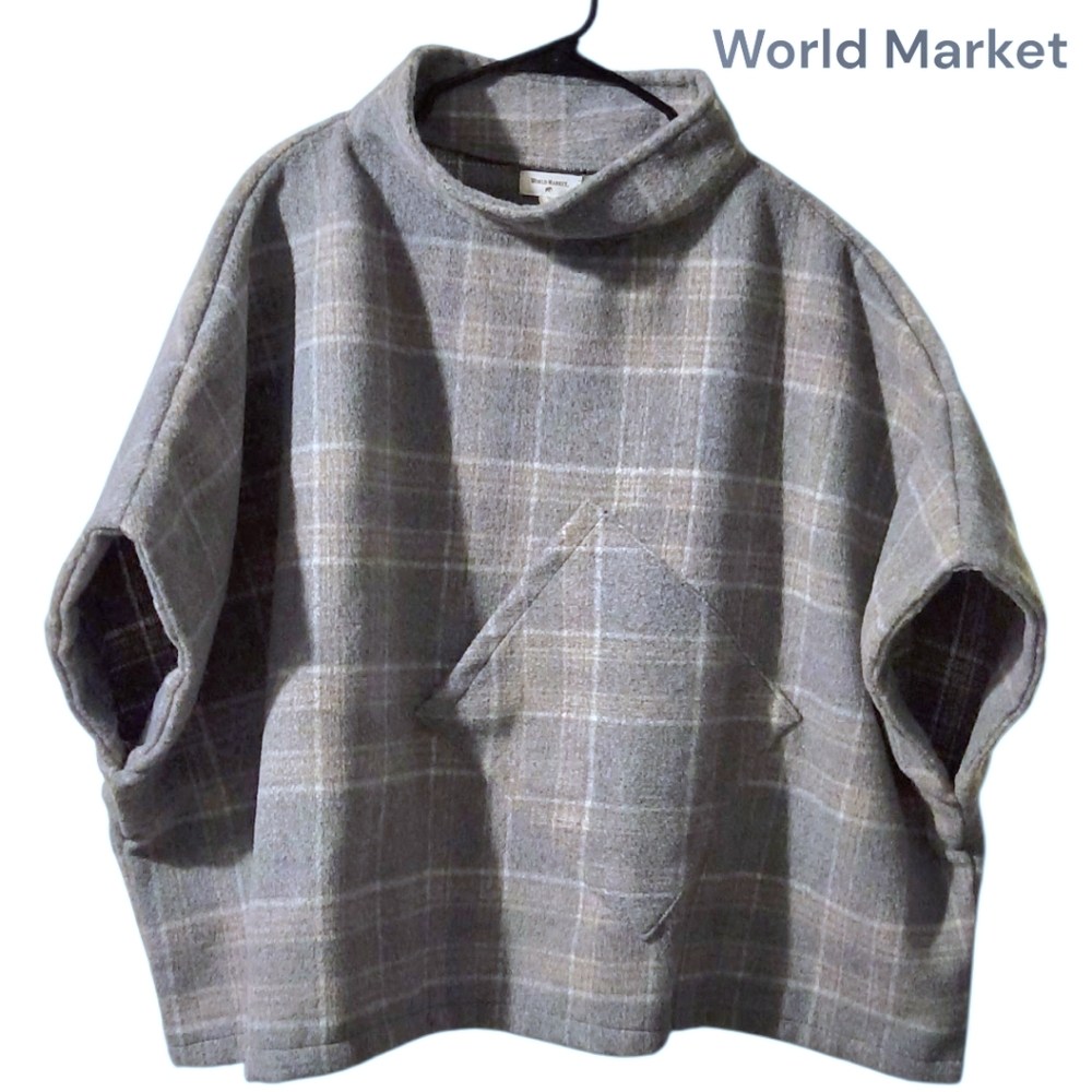 World Market Grey Plaid Poncho with Funnel Neck and Asymmetrical Pocket One Size